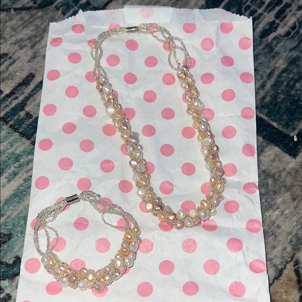 Elegant Real Pearl and Seedbead Necklace and  Bracelet Set